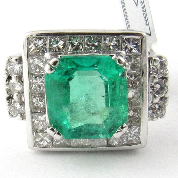 Vintage 17K and 14K White Gold Natural Square Emerald Diamond Ring #4856 - Picture 1 of 9
